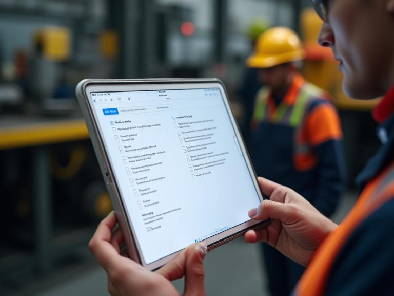 Digital safety compliance checklist on iPad in metalwork workshop
